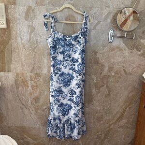 Aqua White and Blue Floral Midi Dress